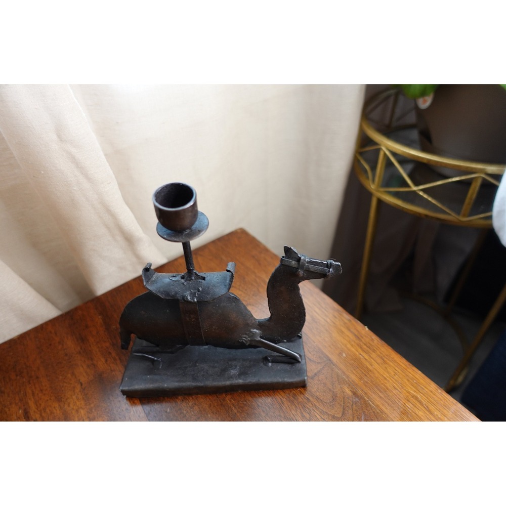 Vintage Folk Art metal camel candlestick holder